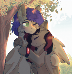 Size: 2227x2308 | Tagged: safe, artist:twinkesss, oc, oc only, oc:mb midnight breeze, oc:se solar eclipse, pegasus, pony, chest fluff, couple, duo, ear fluff, embrace, eyes closed, folded wings, high res, oc x oc, pegasus oc, pony oc, shipping, simple background, smiling, spread wings, tree, watch, wing fluff, wings, wristwatch