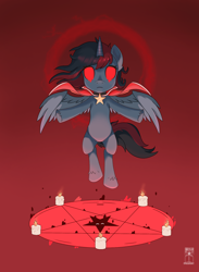 Size: 2200x3000 | Tagged: safe, artist:roccelladraws, oc, oc only, oc:se solar eclipse, alicorn, pegasus, pony, candle, cape, clothes, cult, cult of the lamb, evil eyes, floating, high res, horn, magic, pegasus oc, pentagram, pony oc, solo, spread wings, stars, wings