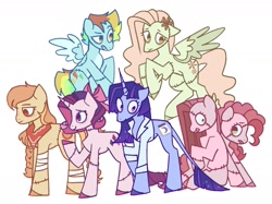 Size: 2000x1493 | Tagged: safe, artist:midagi-stuff, applejack, fluttershy, pinkie pie, rainbow dash, rarity, twilight sparkle, earth pony, pegasus, pony, undead, unicorn, zombie, g4, alternate universe, bags under eyes, bow, braid, closed mouth, clothes, colored hooves, colored wings, colored wingtips, ears back, eyebrows, female, flower, flower in hair, flying, frown, gradient mane, gradient tail, green eyes, grin, group, hair bow, leg wraps, leonine tail, lidded eyes, looking at each other, looking at someone, looking down, mane six, mare, neckerchief, orange eyes, pale belly, pinkamena diane pie, purple eyes, raised eyebrow, raised hoof, red eyes, self paradox, self ponidox, sextet, shirt, short hair rainbow dash, smiling, sparkly mane, sparkly tail, spread wings, standing, stitched body, stitches, tail, two toned wings, unicorn twilight, wings