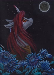 Size: 4397x6057 | Tagged: safe, artist:cahandariella, oc, oc only, oc:obsidian, pony, unicorn, clothes, colored pencil drawing, ear piercing, earring, flower, full moon, jewelry, looking up, moon, night, offspring, parent:king sombra, piercing, smiling, solo, stars, traditional art