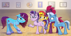 Size: 4200x2167 | Tagged: safe, artist:chopsticks, fizzlepop berrytwist, misty brightdawn, starlight glimmer, sunset shimmer, tempest shadow, trixie, twilight sparkle, pony, unicorn, mlp fim's thirteenth anniversary, g4, g5, book, broken horn, butt fluff, cheek fluff, chest fluff, concave belly, cornrows, cute, ear fluff, equal sign, equality, eyebrows, eyebrows visible through hair, female, floppy ears, food, freckles, group, height difference, hooves, horn, ice cream, lanky, leaning forward, looking at each other, looking at someone, mare, misty and her 3rd heroine, mistybetes, motivational poster, photo, physique difference, picture frame, poster, quintet, raised hoof, rebirth misty, reformed unicorn meeting, ribs, shoulder fluff, shy, skinny, smiling, story included, stray strand, thin, underhoof, unshorn fetlocks