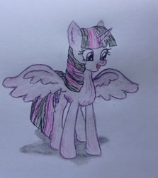 Size: 2160x2417 | Tagged: safe, artist:mettaton, twilight sparkle, alicorn, pony, g4, high res, marker drawing, open mouth, open smile, smiling, solo, spread wings, traditional art, twilight sparkle (alicorn), wings