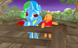 Size: 1920x1200 | Tagged: safe, artist:puzzlshield2, oc, oc:puzzle shield, alicorn, pony, 3d, alicorn oc, bridge, colored wings, crossover, disney, heartwarming, horn, kingdom hearts, mmd, night, pooh, render, story included, wings, winnie the pooh