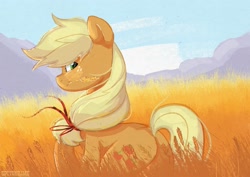 Size: 2560x1809 | Tagged: safe, artist:cottonaime, applejack, earth pony, pony, g4, female, field, food, looking at you, looking back, looking back at you, mare, ribbon, smiling, smiling at you, solo, straw in mouth, wheat
