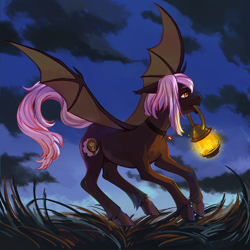 Size: 2000x2000 | Tagged: safe, artist:weird--fish, part of a set, oc, oc only, oc:levkoy, bat pony, pony, bat pony oc, choker, cloud, grass, high res, lantern, male, mouth hold, sky, solo, spread wings, wings