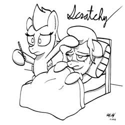 Size: 800x800 | Tagged: safe, artist:ebbysharp, pipp petals, zipp storm, pegasus, pony, g5, bed, duo, duo female, female, floppy ears, frown, inktober, inktober 2023, mare, monochrome, pillow, royal sisters (g5), scratchy, siblings, sick, simple background, sisters, thermometer, white background, worried
