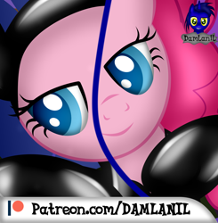 Size: 1390x1416 | Tagged: safe, artist:damlanil, pinkie pie, earth pony, pony, g4, advertisement, bodysuit, catsuit, clothes, cropped, cute, female, hood, latex, latex suit, mare, patreon, patreon preview, rubber, shiny, show accurate, solo, spy, spy suit, suit, vector