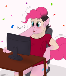 Size: 4200x4800 | Tagged: safe, artist:furnaise, pinkie pie, earth pony, human, pony, g4, blushing, boop, breaking the fourth wall, clothes, computer, confetti, eye color change, human to pony, male to female, mid-transformation, monitor, open mouth, open smile, shirt, sitting, smiling, transformation, transgender transformation, twinning
