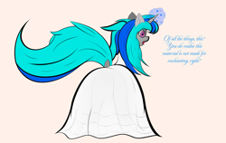 Size: 3708x2349 | Tagged: safe, artist:adastra, oc, oc:frosthoof, pony, unicorn, clothes, commission, dialogue, dress, high res, horn, looking at you, looking back, looking back at you, simple background, solo, tail, talking to viewer, unicorn oc, wedding dress, white background