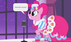 Size: 1080x648 | Tagged: safe, edit, edited screencap, screencap, pinkie pie, frog, pony, g4, the best night ever, clothes, dress, gala dress, microphone, solo