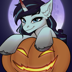 Size: 2048x2048 | Tagged: safe, alternate character, alternate version, artist:enderbee, oc, pony, unicorn, colored horn, commission, curls, curved horn, female, halloween, happy, high res, holiday, horn, mare, moon, pumpkin, smiling, solo, sombra horn, ych result