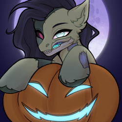 Size: 2048x2048 | Tagged: safe, alternate character, alternate version, artist:enderbee, oc, earth pony, pony, undead, zombie, zombie pony, commission, halloween, happy, high res, holiday, moon, pumpkin, smiling, solo, ych result