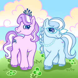 Size: 2000x2000 | Tagged: safe, artist:wtfponytime, diamond tiara, silver spoon, earth pony, pony, unicorn, g2, g4, braid, braided ponytail, female, filly, foal, g4 to g2, generation leap, glasses, high res, jewelry, necklace, ponytail, tiara, unshorn fetlocks