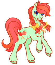 Size: 1696x2000 | Tagged: safe, artist:wtfponytime, candy apples, earth pony, pony, g2, g4, apple family member, bow, braid, braided pigtails, g4 to g2, generation leap, hair bow, neckerchief, pigtails, rearing, simple background, solo, unshorn fetlocks, white background
