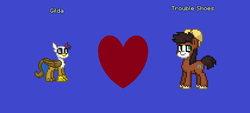 Size: 852x385 | Tagged: safe, gilda, trouble shoes, clydesdale, earth pony, griffon, pony, pony town, g4, blue background, draft horse, female, gildashoes, hat, heart, male, ms paint, ship:gildashoes, shipping, simple background, straight