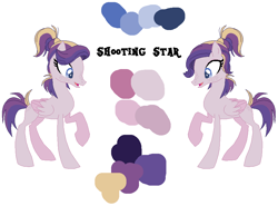 Size: 900x665 | Tagged: safe, artist:westrail642fan, oc, oc only, oc:shooting star (r&f), pegasus, pony, rise and fall, base used, concave belly, female, folded wings, freckles, mare, offspring, parent:oc:david wyne, parent:princess cadance, parents:canon x oc, pegasus oc, reference sheet, simple background, slender, solo, thin, white background, wings