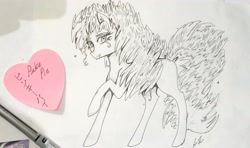 Size: 3595x2132 | Tagged: safe, artist:hysteriana, pinkie pie, earth pony, pony, g4, anime style, big tail, blank flank, curly hair, curly mane, female, fluffy, fluffy hair, full body, heart, high res, japanese, katakana, manga style, nudity, old art, photo, simple background, sketch, sketch dump, solo, sparkles, tail, traditional art, white background