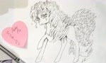 Size: 3595x2132 | Tagged: safe, artist:hysteriana, pinkie pie, earth pony, pony, g4, anime style, big tail, blank flank, curly hair, curly mane, female, fluffy, fluffy hair, full body, heart, high res, japanese, katakana, manga style, nudity, old art, photo, simple background, sketch, sketch dump, solo, sparkles, tail, traditional art, white background