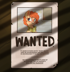 Size: 2076x2125 | Tagged: safe, artist:rexyseven, oc, oc only, oc:rusty gears, pony, clothes, high res, scarf, solo, striped scarf, wanted poster