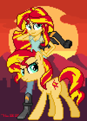 Size: 500x700 | Tagged: safe, artist:gonicfanfic, sunset shimmer, human, pony, unicorn, equestria girls, g4, city, horn, human ponidox, pixel art, self paradox, self ponidox, sunset