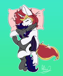 Size: 1779x2160 | Tagged: safe, artist:aliceg, oc, oc only, oc:firestarter, oc:lazy sunday, bat pony, pony, unicorn, cuddling, gradient background, pillow, size difference