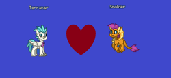 Size: 852x387 | Tagged: safe, smolder, terramar, classical hippogriff, dragon, hippogriff, pony, pony town, g4, blue background, female, heart, male, ms paint, ship:smoldermar, shipping, simple background, smoldermar, straight