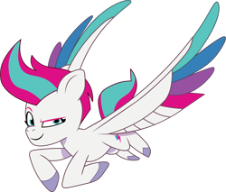 Size: 1276x1086 | Tagged: safe, artist:prixy05, zipp storm, pegasus, pony, g5, my little pony: tell your tale, colored wings, dreamworks face, eyebrows, female, flying, looking at you, mare, multicolored wings, raised eyebrow, simple background, smiling, smiling at you, smirk, solo, spread wings, transparent background, vector, wings