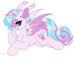 Size: 3000x2304 | Tagged: safe, artist:mysha, oc, oc only, oc:sweetie swirl, bat pony, bat pony oc, chest fluff, concave belly, ear fluff, high res, looking at you, male, multicolored hair, simple background, smug, solo, white background