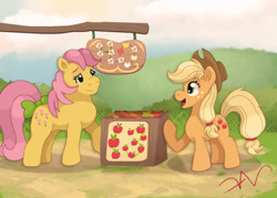 Size: 2800x2000 | Tagged: safe, artist:swasfews, applejack, posey, earth pony, pony, mlp fim's thirteenth anniversary, g1, g4, apple, crate, food, high res, sign