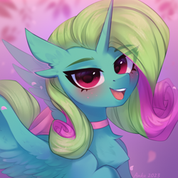 Size: 2000x2000 | Tagged: safe, artist:anku, oc, oc only, alicorn, pony, chest fluff, eye clipping through hair, eyebrows, eyebrows visible through hair, female, high res, looking at you, mare, open mouth, patreon, patreon reward, simple background, solo, spread wings, wings