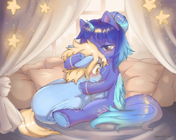 Size: 2500x2000 | Tagged: safe, artist:ponchik_art, oc, oc only, oc:asteria, oc:blue skies, alicorn, pegasus, pony, blushing, chest fluff, comforting, commission, constellation, cuddling, curtains, cute, detailed background, duo, embarrassed, ethereal mane, female, high res, hug, loving gaze, male, mare, pillow, sitting, sparkles, stallion, starry mane, stars, unshorn fetlocks, window