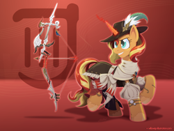 Size: 1600x1200 | Tagged: safe, artist:willoillo, sunset shimmer, pony, unicorn, g4, arrow, bard, bow (weapon), crossover, fantasy class, final fantasy, final fantasy xiv, levitation, lightly watermarked, magic, telekinesis, watermark