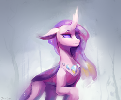Size: 2170x1808 | Tagged: safe, artist:jewellier, princess cadance, changedling, changeling, pony, g4, abstract background, changedlingified, changelingified, concave belly, curved horn, digital art, ethereal mane, eyeshadow, fanfic art, female, floppy ears, flowing mane, gem, gray background, horn, makeup, mare, purple eyes, raised hoof, signature, slender, sparkles, species swap, starry mane, starry tail, tail, thin, walking