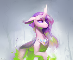 Size: 2170x1808 | Tagged: safe, alternate version, artist:jewellier, princess cadance, oc, changedling, changeling, pony, g4, abstract background, changedlingified, changelingified, concave belly, curved horn, digital art, ethereal mane, eyeshadow, fanfic art, female, fire, floppy ears, flowing mane, gem, gray background, green fire, horn, makeup, mare, purple eyes, raised hoof, signature, slender, sparkles, species swap, starry mane, starry tail, tail, thin, walking
