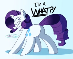 Size: 1606x1306 | Tagged: safe, artist:cottonbuzz, rarity, pony, unicorn, g4, butt, female, food, gradient background, mare, marshmallow, plot, rarity is a marshmallow, rarity is not amused, rearity, solo, unamused, yelling