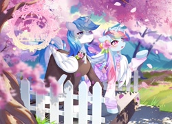 Size: 2048x1482 | Tagged: safe, artist:alus, oc, oc only, alicorn, pony, dappled sunlight, female, fence, leaves, male, stairs, stallion, tree