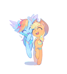 Size: 1930x2149 | Tagged: safe, artist:zss331, applejack, rainbow dash, earth pony, pegasus, pony, g4, applejack's hat, cowboy hat, eyes closed, female, flying, hairband, hat, lesbian, open mouth, open smile, ship:appledash, shipping, simple background, smiling, spread wings, white background, wings