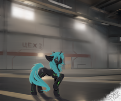 Size: 2400x2000 | Tagged: safe, artist:gooseshit, oc, oc only, pony, unicorn, cyberpunk, factory, high res, industrial, solo