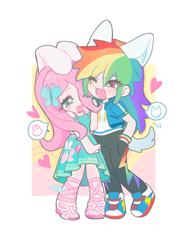 Size: 2788x3708 | Tagged: safe, artist:chengzi82020, fluttershy, rainbow dash, human, series:2023虹蝶七夕企划, equestria girls, g4, bunny ears, converse, duo, female, fox ears, fox tail, high res, human coloration, humanized, lesbian, ship:flutterdash, shipping, shoes, simple background, tail, white background
