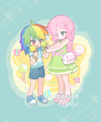 Size: 1494x1814 | Tagged: safe, artist:chengzi82020, fluttershy, rainbow dash, human, series:2023虹蝶七夕企划, g4, converse, duo, eye clipping through hair, female, food, hair over one eye, human coloration, humanized, ice cream, lesbian, ship:flutterdash, shipping, shoes, younger