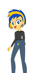 Size: 987x1974 | Tagged: safe, artist:mlpfan3991, oc, oc only, oc:flare spark, human, equestria girls, g4, clothes, cutie mark on clothes, denim, jacket, jeans, looking back, open mouth, open smile, pants, simple background, smiling, solo, transparent background