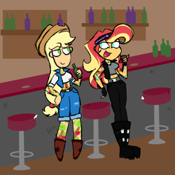 Size: 900x900 | Tagged: safe, artist:fuckomcfuck, applejack, sunset shimmer, equestria girls, g4, alcohol, applejack's hat, bandana, bar, bar stool, belt, biker, biker jacket, boots, bottle, clothes, commission, cowboy boots, cowboy hat, cup, denim, denim jacket, drink, drinking, duo, fingerless gloves, freckles, gloves, hat, jacket, jeans, leather, leather vest, midriff, open mouth, pants, shoes, short shirt, shorts, sleeveless, tattoo, vest