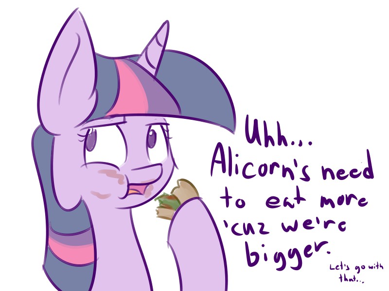 [alicorn,artist needed,blatant lies,colored,eating,eyelashes,female,food,horn,mare,open mouth,pony,safe,sandwich,simple background,solo,source needed,talking,twilight sparkle,white background,cheek bulge,looking sideways,messy eating,this will end in weight gain,twilight sparkle (alicorn),alicorn metabolism]