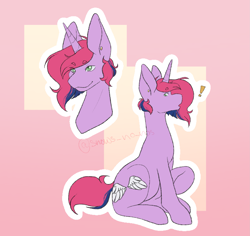 Size: 2169x2048 | Tagged: safe, artist:snows-undercover, oc, oc only, oc:lilac, pony, unicorn, ear piercing, earring, exclamation point, female, high res, jewelry, mare, piercing, raised hoof, sitting, solo