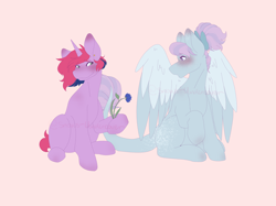 Size: 2732x2048 | Tagged: safe, artist:snows-undercover, oc, oc only, oc:iris breeze, oc:lilac, pegasus, pony, unicorn, blushing, cute, duo, ear piercing, earring, female, flower, flustered, freckles, high res, hoof hold, iris (flower), jewelry, leonine tail, lesbian, looking at each other, looking at someone, mare, oc x oc, piercing, pink background, shipping, simple background, sitting, tail