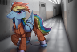 Size: 2396x1620 | Tagged: safe, artist:anku, rainbow dash, pegasus, pony, g4, ankle chain, bound wings, chains, clothes, commissioner:rainbowdash69, jumpsuit, never doubt rainbowdash69's involvement, prison outfit, prisoner rd, solo, wings