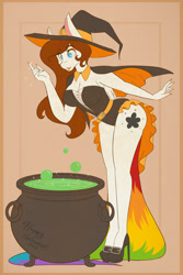 Size: 1365x2048 | Tagged: safe, artist:mscolorsplash, oc, oc only, oc:color splash, pegasus, anthro, plantigrade anthro, bent over, breasts, brown background, busty oc, cauldron, cleavage, clothes, costume, female, halloween, halloween costume, hat, high heels, looking down, mare, rainbow tail, shoes, simple background, solo, tail, witch costume, witch hat