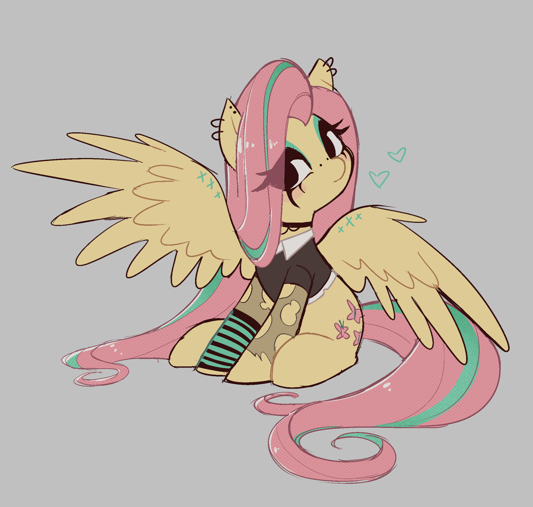 [arm warmers,blushing,choker,clothes,earring,eyeshadow,female,fluttershy,goth,heart,jewelry,makeup,mare,pegasus,piercing,pony,safe,shirt,simple background,sitting,solo,torn clothes,wings,ear piercing,one wing out,eye clipping through hair,nose piercing,spread wings,blush sticker,gray background,fluttergoth,artist:syrupyyy]
