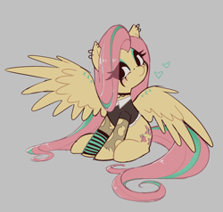 Size: 2344x2230 | Tagged: safe, artist:syrupyyy, fluttershy, pegasus, pony, g4, arm warmers, blush sticker, blushing, choker, clothes, cute, ear piercing, earring, edgy, eye clipping through hair, eyeshadow, female, goth, gray background, heart, high res, jewelry, looking at you, makeup, mare, nose piercing, one wing out, piercing, shirt, shyabetes, simple background, sitting, solo, spread wings, torn clothes, wings