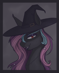 Size: 544x680 | Tagged: safe, artist:stray prey, oc, oc only, oc:stellar wind, bat pony, pony, bat pony oc, bust, hat, lidded eyes, portrait, red eyes, solo, witch hat